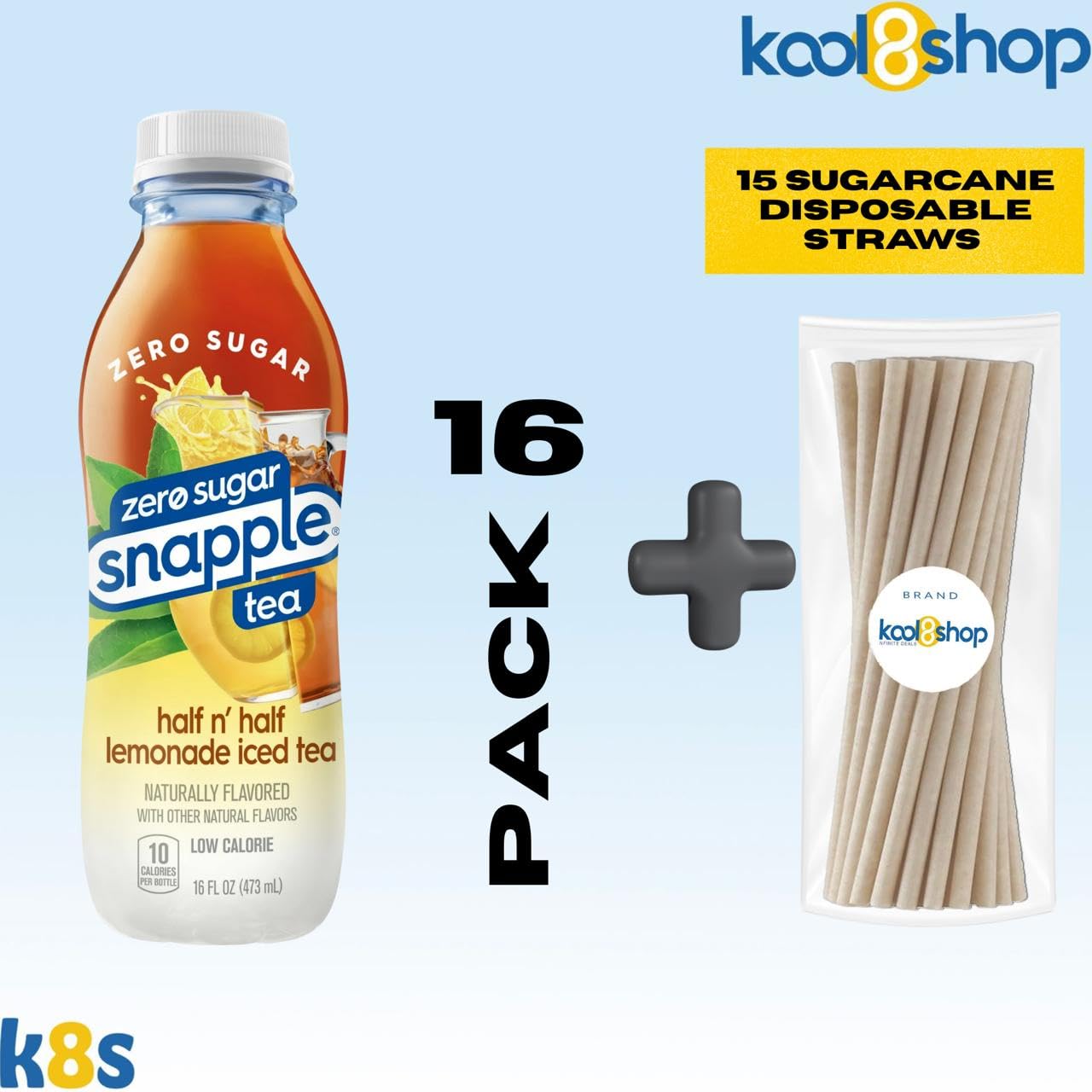 Snapple Zero Sugar Half And Half Lemonade All Natural Iced Tea 16 Fl Oz Plastic Bottles 16 Pack + 15 Sugarcane Disposable Straws