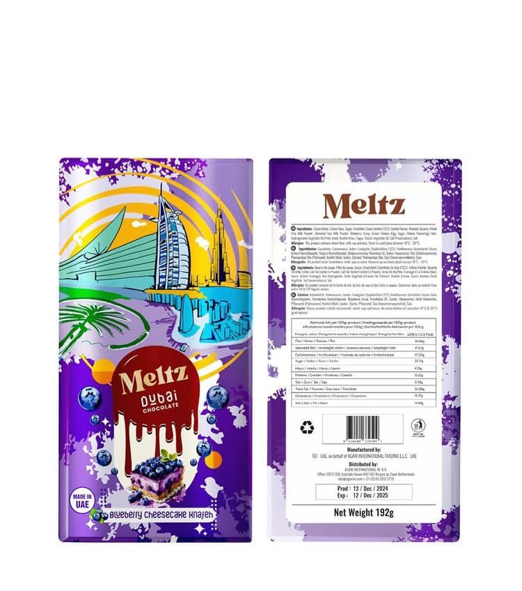 Meltz Pistachio Dubai Chocolate Blueberry Cheesecake Knafeh Bar - 192g, Filled with Berry Cream, Individually Wrapped Treat