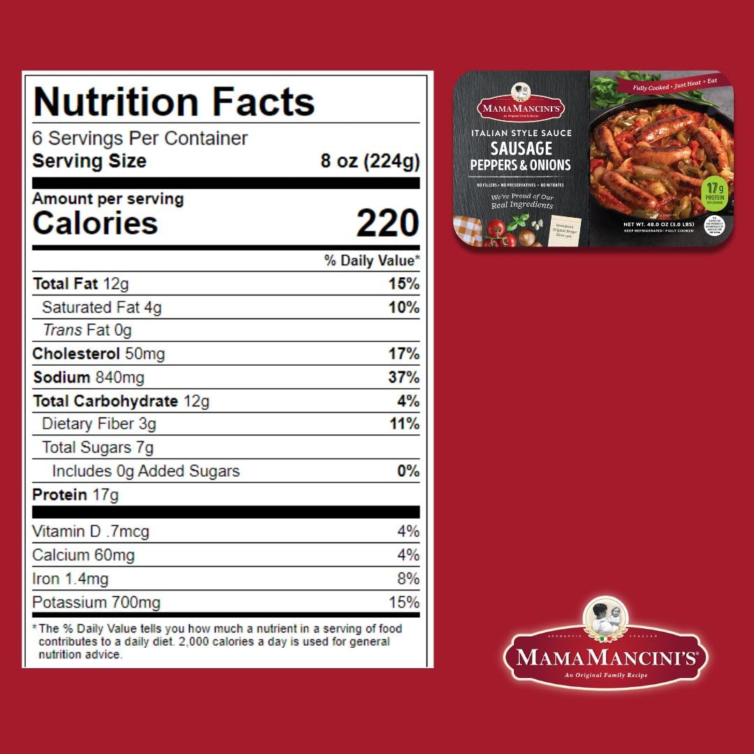 Mama Mancini'S Sausage, Peppers & Onions In Italian Style Sauce (3 X 3 Lb Family Meals)