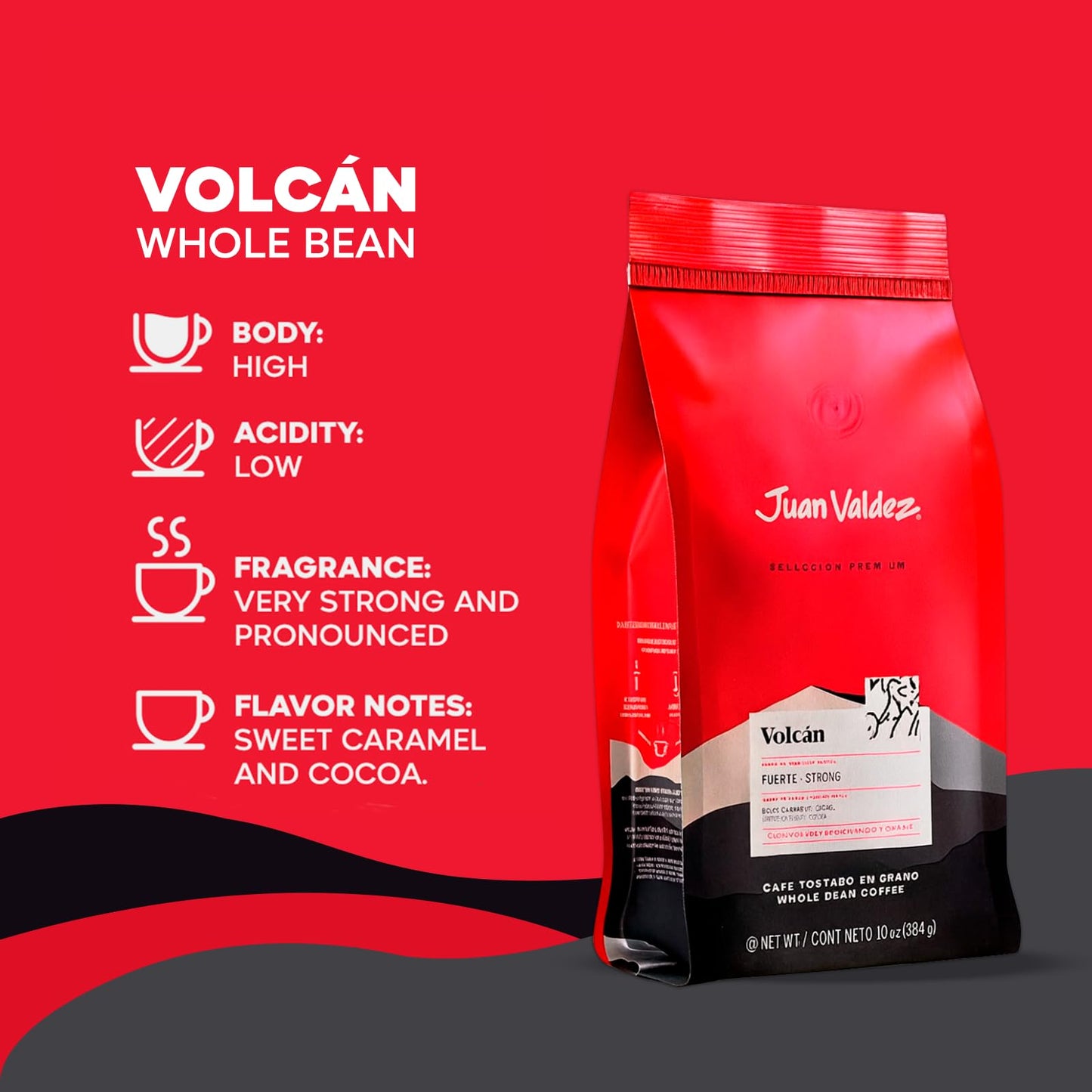 Juan Valdez Volcan Whole Bean Coffee - Dark Roast | 100% Colombian Arabica Beans | 100% Colombian Coffee with Low Acidity and Notes Of Sweet Caramel & Cocoa | 16 oz / 454 gr