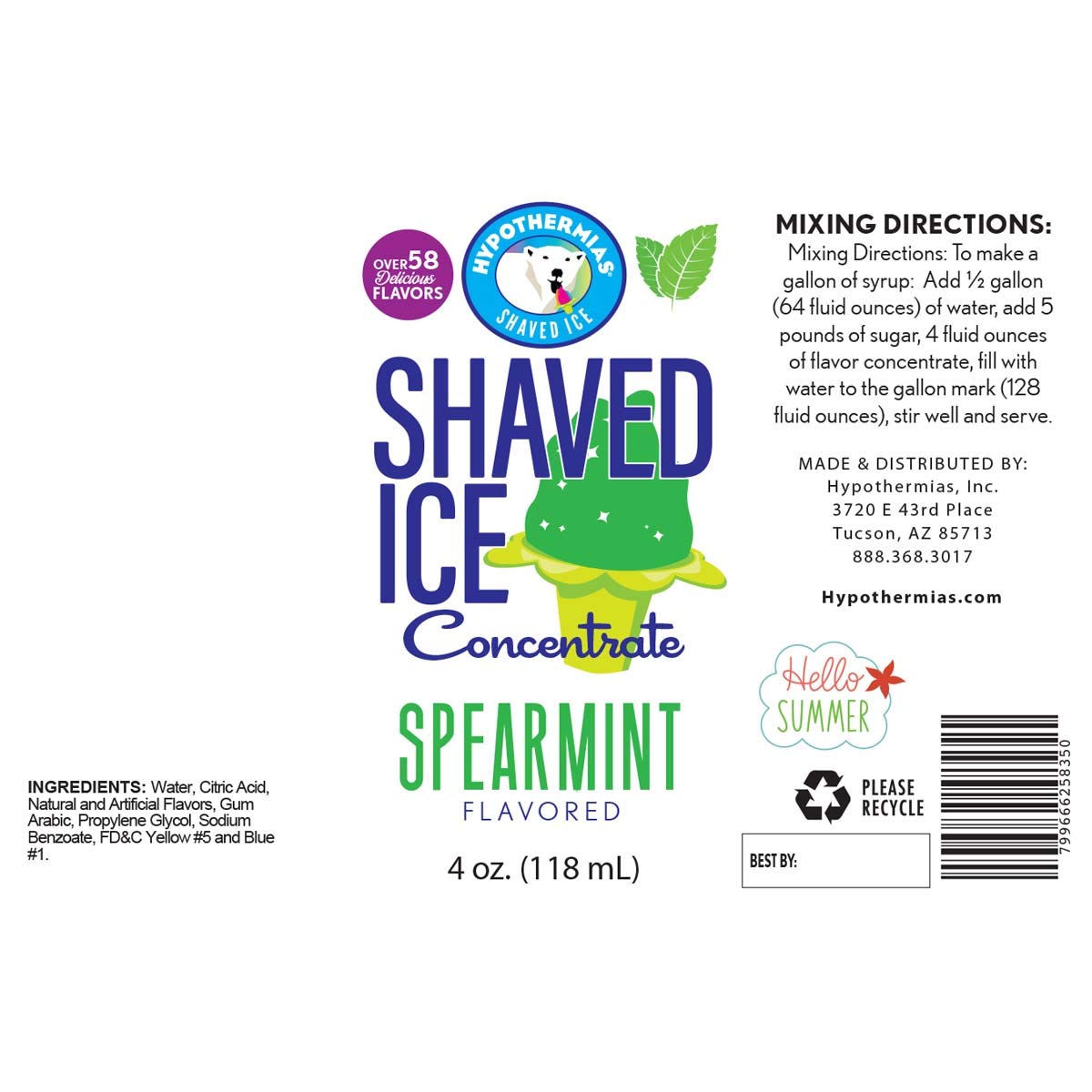Hypothermias Shaved Ice And Snow Cone Syrup Unsweetened Flavor Concentrate - 4 Fl Oz - Makes 1 Gallon Of Ready To Use Syrup - Sp