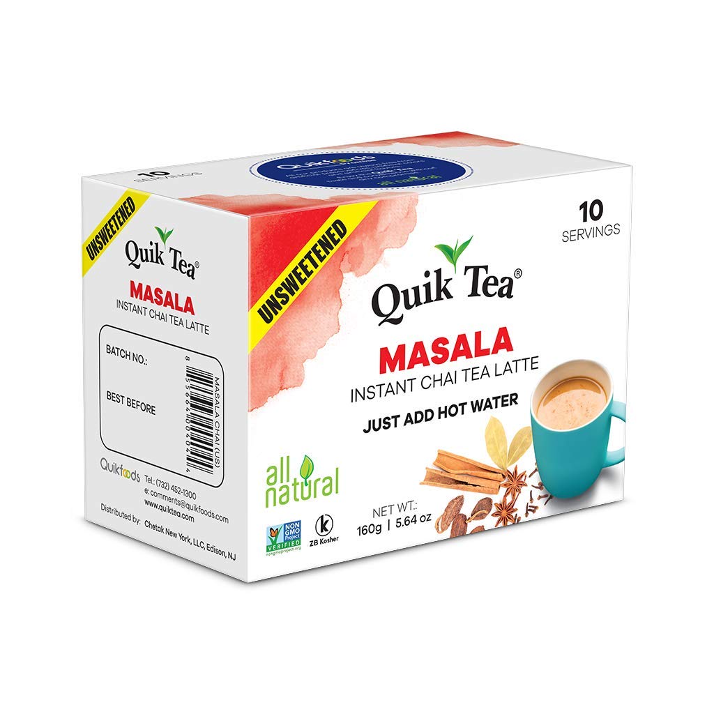 Quiktea Unsweetened Masala Chai Tea Latte - 10 Count Single Box - All Natural Preservative Free Authentic Chai