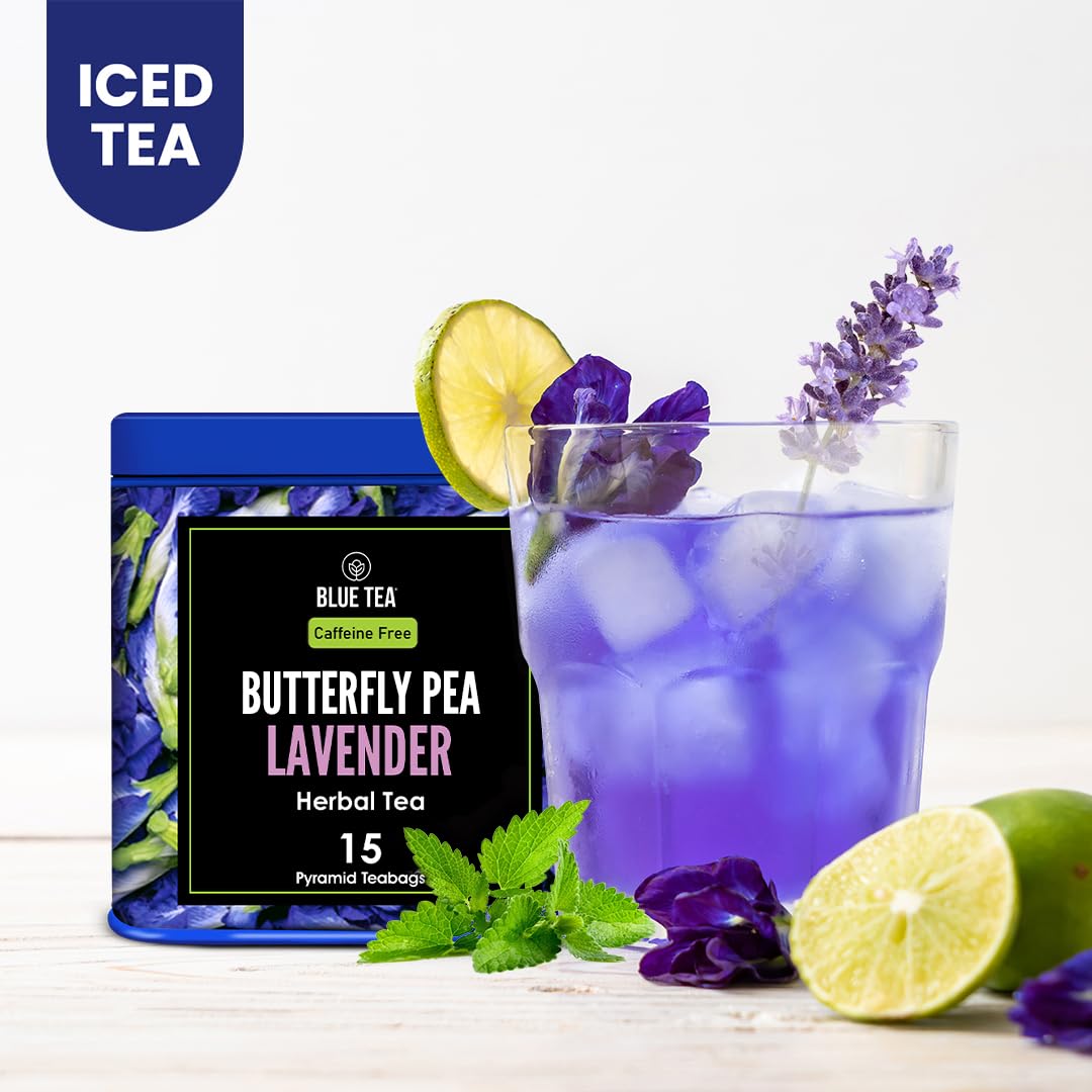 BLUE TEA Butterfly Pea Flower Lavender Tea - Caffeine Free, Gluten Free - 15 Tea Bags, Premium Tin Pack