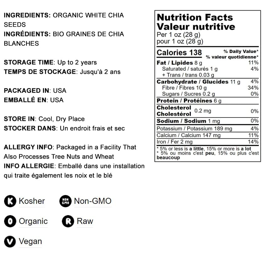Food To Live Organic White Chia Seeds, 1 Pound - Whole, Raw, Kosher, Keto, Sirtfood, Vegan, Bulk. Rich In Omega 3, Omega 6, Diet