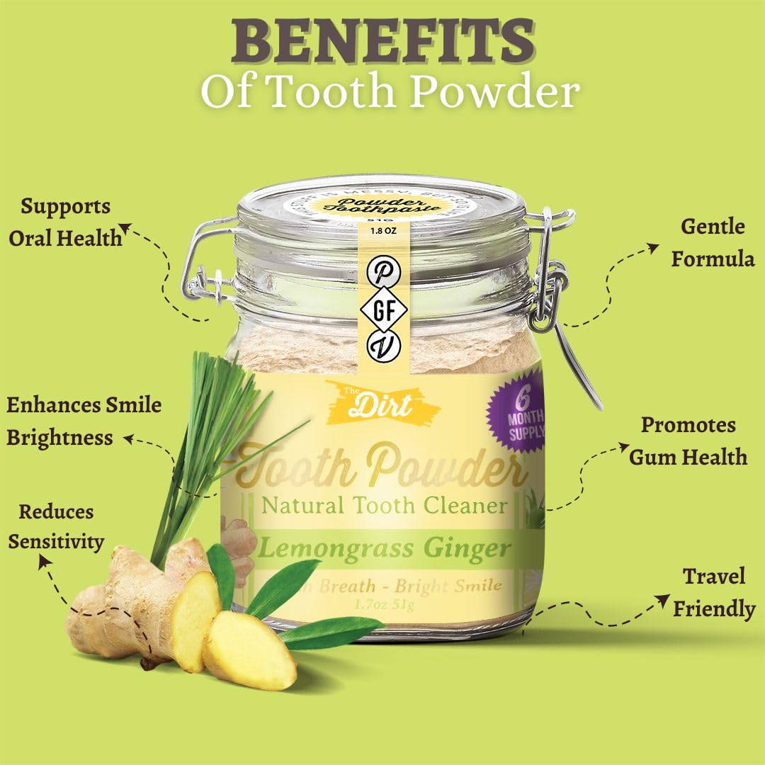 The Dirt Tooth Powder - Natural Fluoride-Free Toothpaste Alternative, Vegan - Essential Oils & Bentonite Clay (Lemongrass & Ging