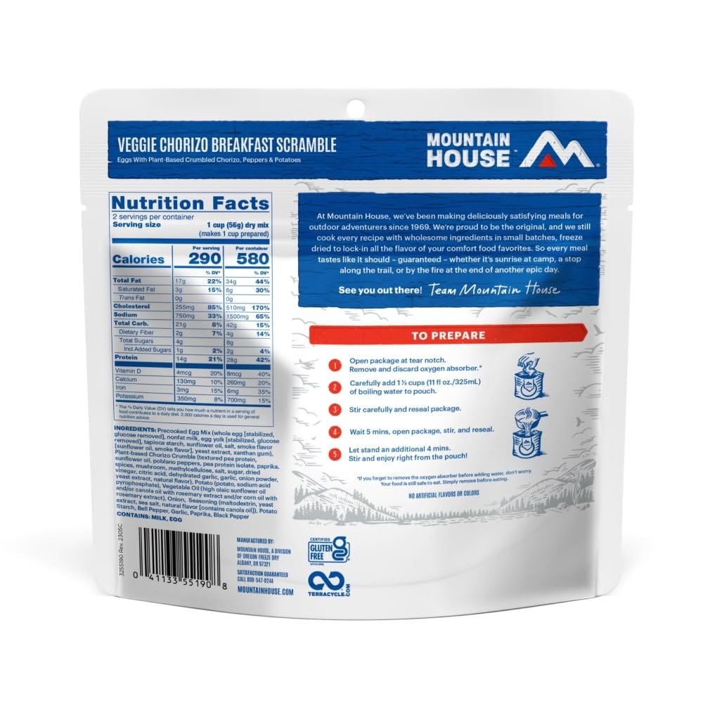 Mountain House Veggie Chorizo Breakfast Scramble | Freeze-Dried Backpacking & Camping Food | 6-Pack | Gluten-Free & Vegetarian