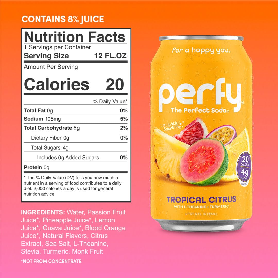 PERFY Caffeine Free Healthy Soda Variety Pack - Low Sugar, Real Fruit Juice, 12 Pack