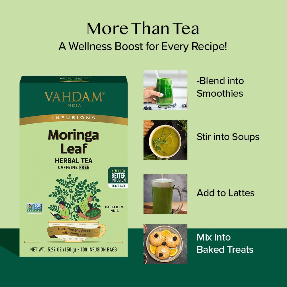 VAHDAM Moringa Tea 4-in-1 Wellness Blend, Caffeine Free, 100 Tea Bags, Eco-Friendly Individually Wrapped