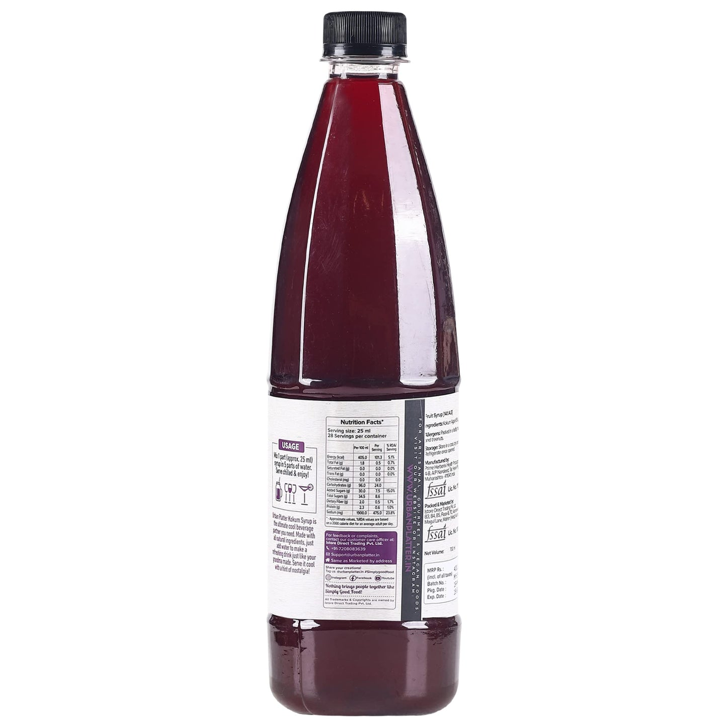 Urban Platter Kokum Syrup | 23.67 Fl Oz (700Ml) | Refreshing Homemade Juice Drink | Maintains Healthy Weight | Improves Digestion With Its Antioxidant Properties