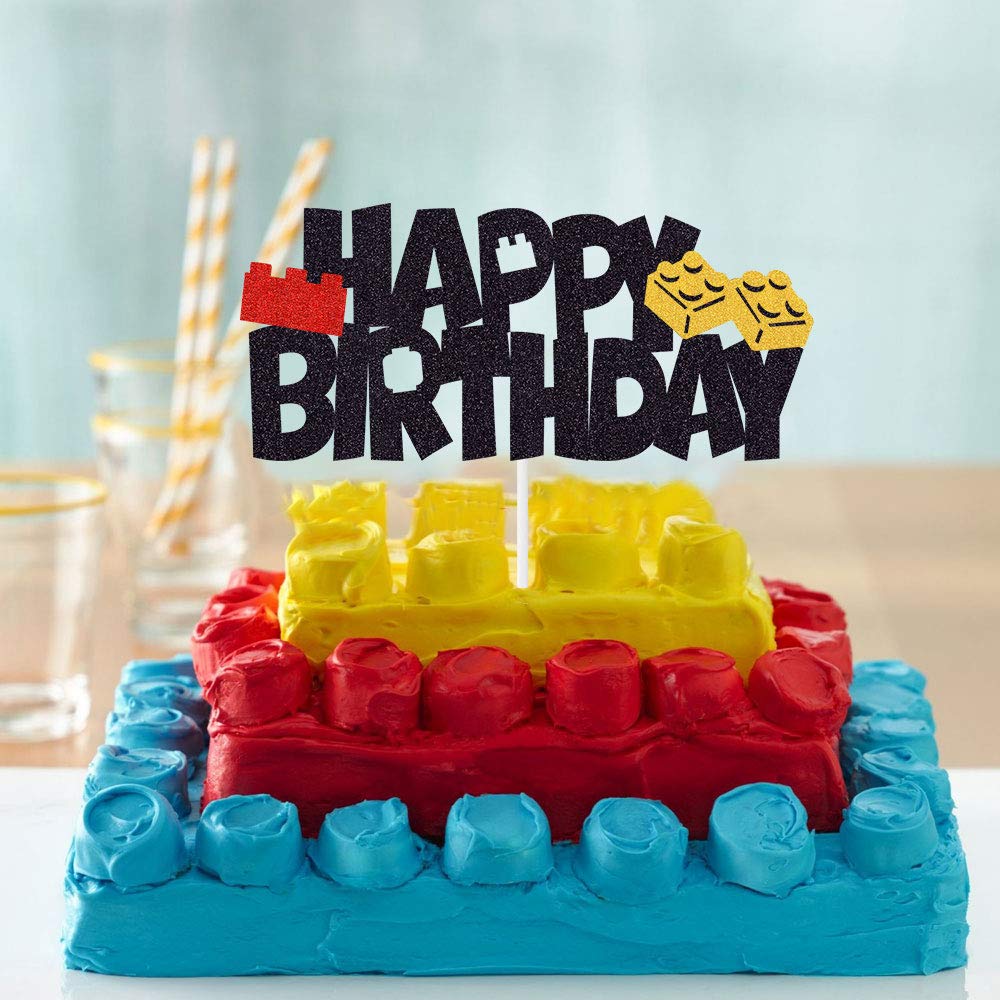 Building Blocks Cake Topper Glitter Happy Birthday Cake Decoration Color Building Brick Theme Birthday Baby Shower Party Supplie
