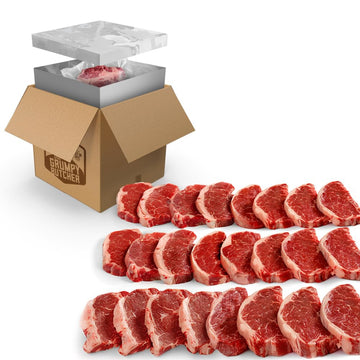 Dens Hot Dogs Grumpy Butcher New York Strip Steaks - Prime Quality Beef 10 oz each, Pack of 32 for Bulk Delivery
