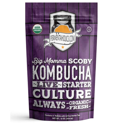 Fermentaholics BIG MOMMA Kombucha SCOBY With Twelve Ounces of Starter Tea - Live Kombucha Starter Culture | Extra Large 6 Pellic