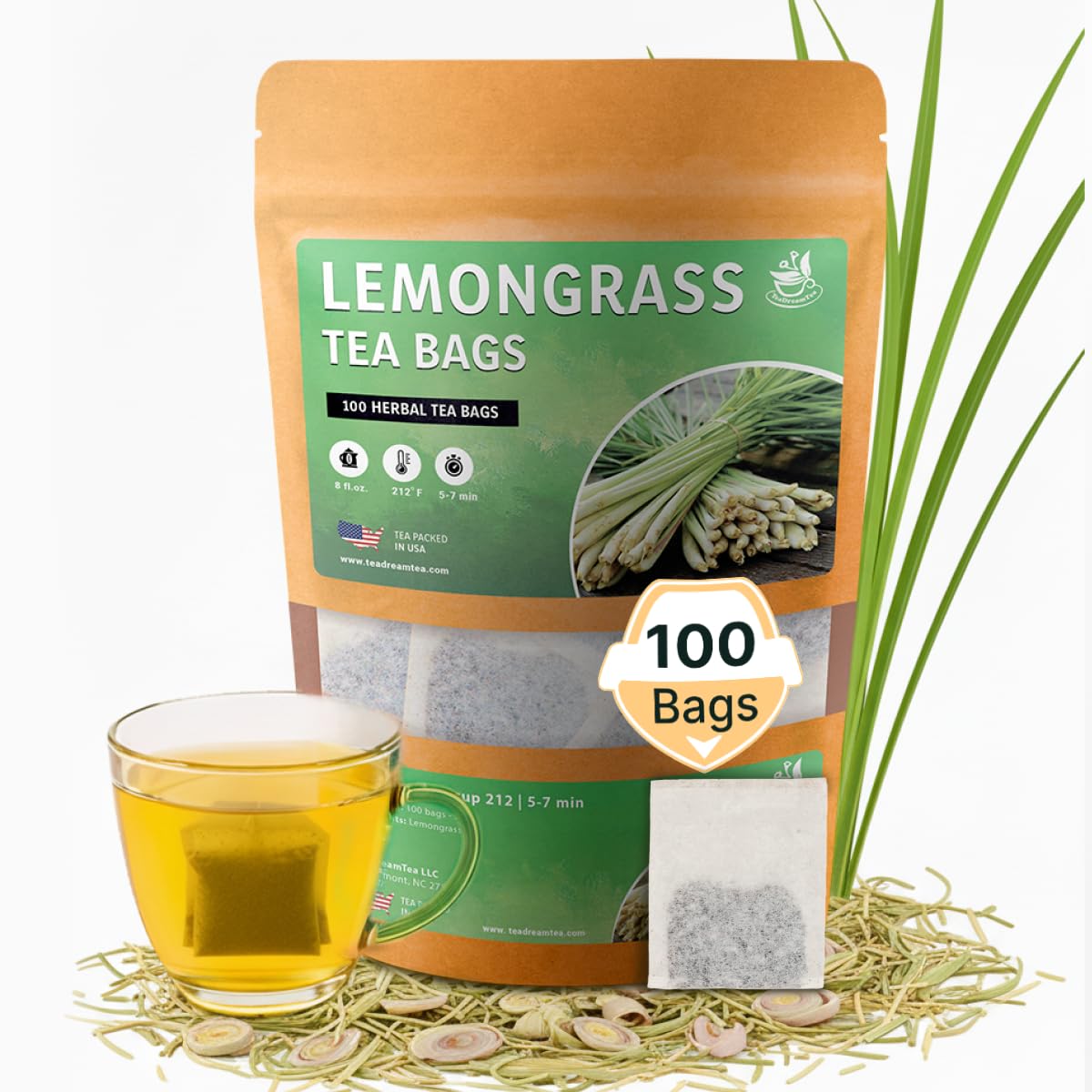 TeaDreamTea Lemongrass Herbal Tea Bags - Caffeine Free, 100 Count, Supports Healthy Digestion, Enjoy Hot or Cold