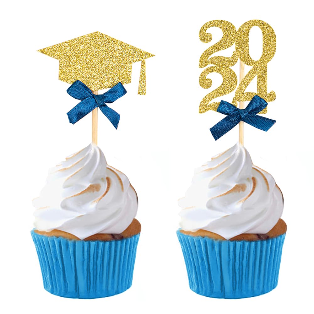 Graduation Cupcake Toppers, Food/Appetizer Picks For Graduation Party Cake Decorations 24Pcs(Blue)