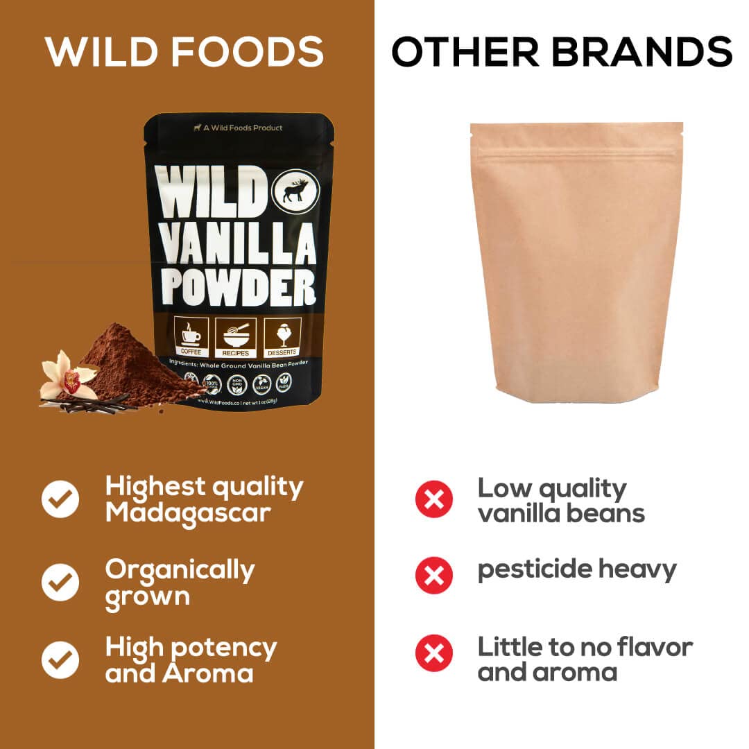 Wild Foods Organic Vanilla Bean Powder | All Natural Pure Vanilla Beans From Madagascar | Wild Powder For Iced Coffee, Baking & Smoothie Blended Drinks | Unsweetened Gluten Free Powdered Mix | (3 Ounce)