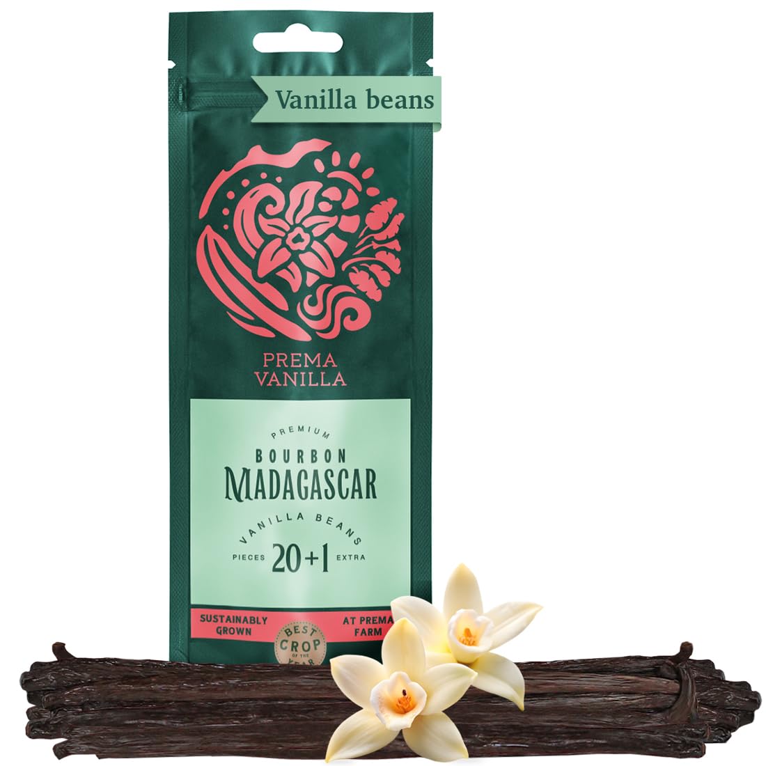 Prema Vanilla Madagascar Vanilla Beans, Grade A Spirit-Inspired Flavor Pods For Making Vanilla Extract, Good For Cooking And Baking, Rich And Intense Aroma, Pack Of 20 Beans Plus 1 Gift Bean