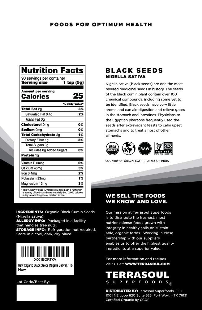 Terrasoul Superfoods Organic Black cumin Seeds (Nigella Sativa) 1 Lb - Digestive Health  Immunity