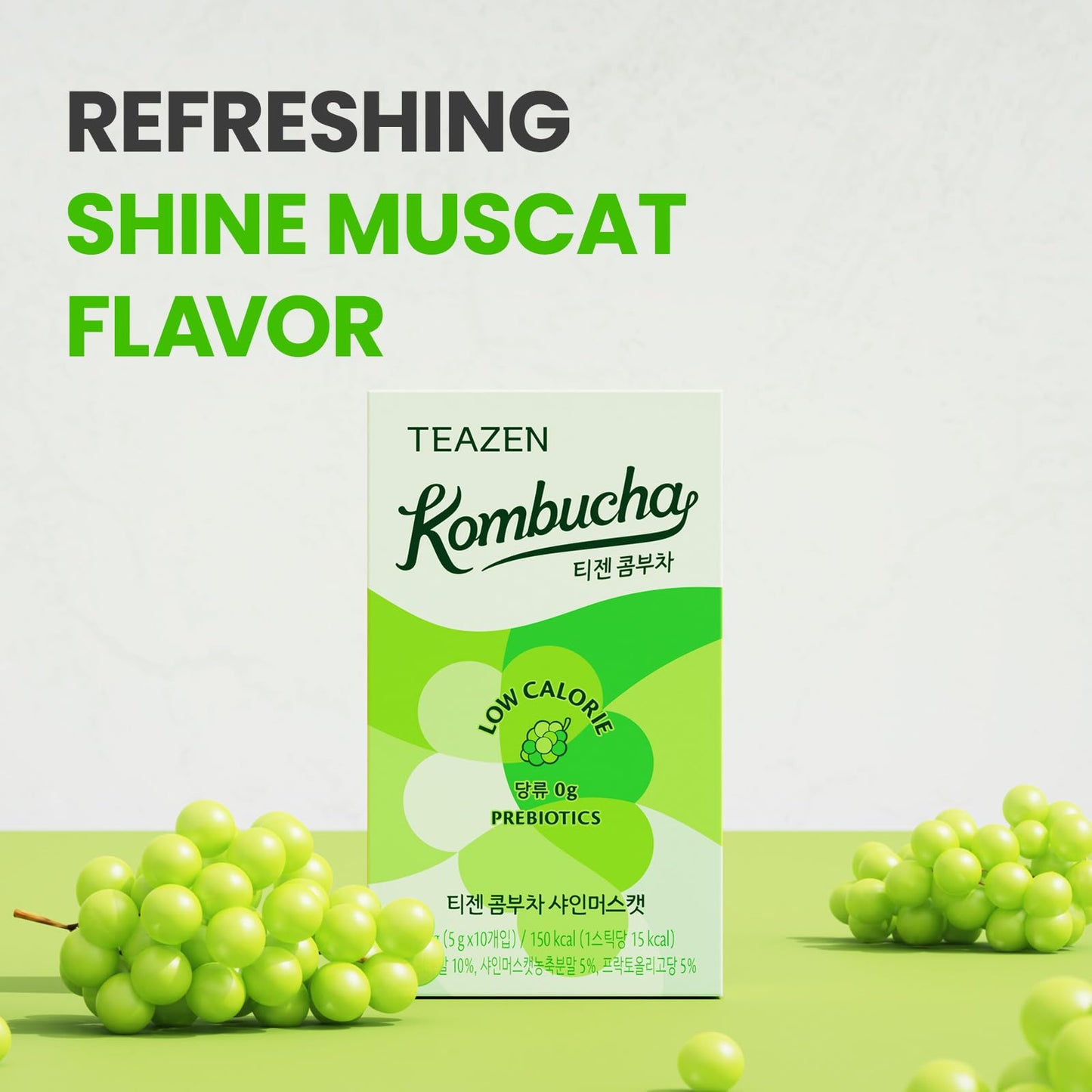 Teazen Shine Muscat Kombucha Tea, Electrolyte Powder & Hydration Drink Mix, Sugar Free, Live Probiotics & Prebiotics, 10 Sticks,