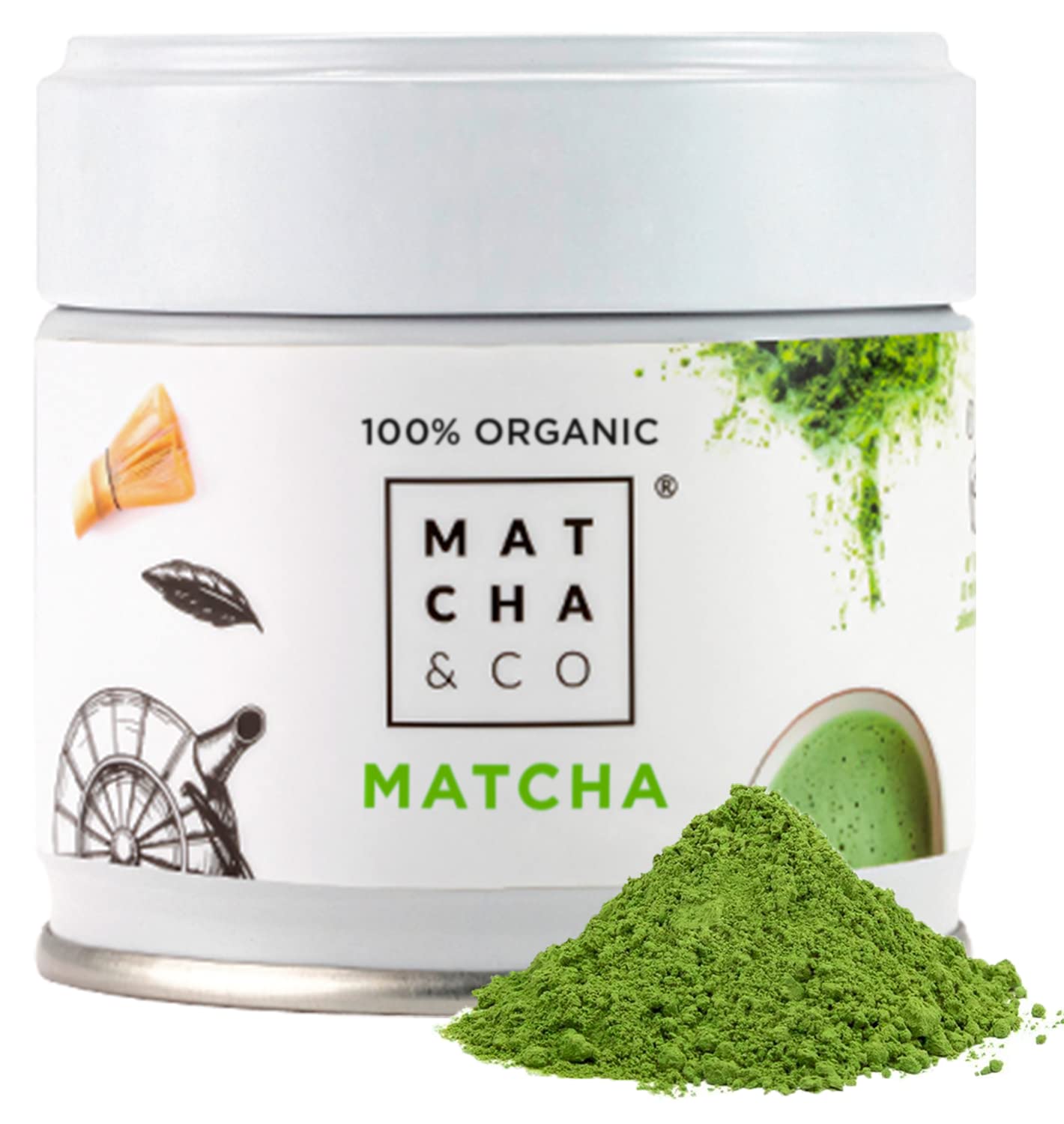 Matcha & CO Organic Matcha Tea Powder - Ceremonial Grade, 1.05 Ounces, Green Color