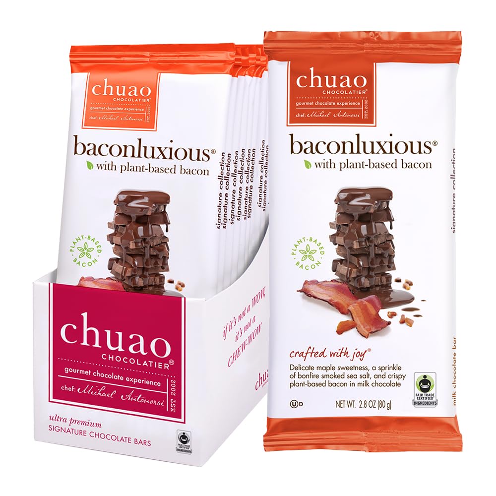 Chuao Chocolatier Baconluxious Chocolate With Plant-Based Bacon Milk Chocolate Bars | Gourmet Chocolate Artisan European No Preservatives | For Gift Baskets, Christmas, Valentines Day, Gifts For Women, Men, Birthday, Thank You, Care Package | 12 Pack