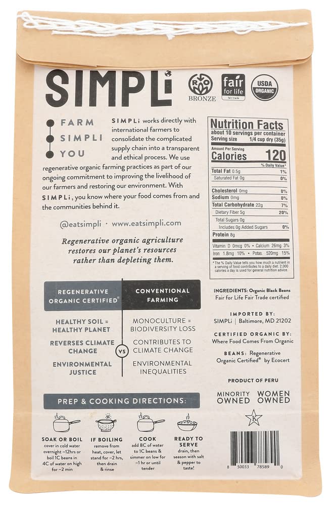 Simpli Regenerative Organic Certified Black Beans, Creamy And Rich Flavor, Immune-Boosting Vitamin C, Slow-Digesting Carbs, Usda