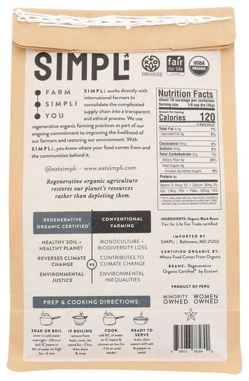 Simpli Regenerative Organic Certified Black Beans, Creamy And Rich Flavor, Immune-Boosting Vitamin C, Slow-Digesting Carbs, Usda