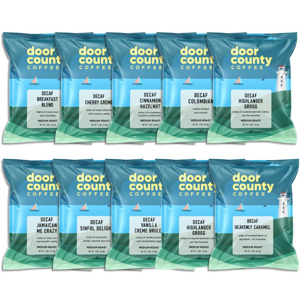 Gourmet Flavored Decaf Coffee Sampler Pack - 10 Bags Of Unique Flavored Coffees - Roasted By Door County Coffee