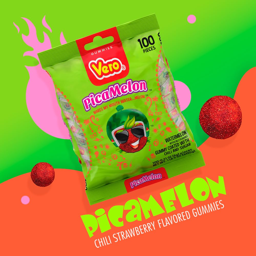 Vero Picamelon - Watermelon Flavored Chewy Gummy Treats Coated in Chili Powder 100 Pieces (Net Wt. 1 Lb, 5,15 Ounces) - Individu