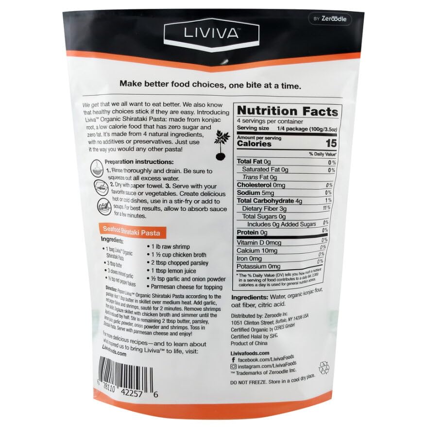 Liviva Organic Shirataki Konjac Penne Noodle 2 Pk (36.67 Oz) - Diabetic-Friendly Low Carb, Low Calorie Pasta Noodles Ready To Se