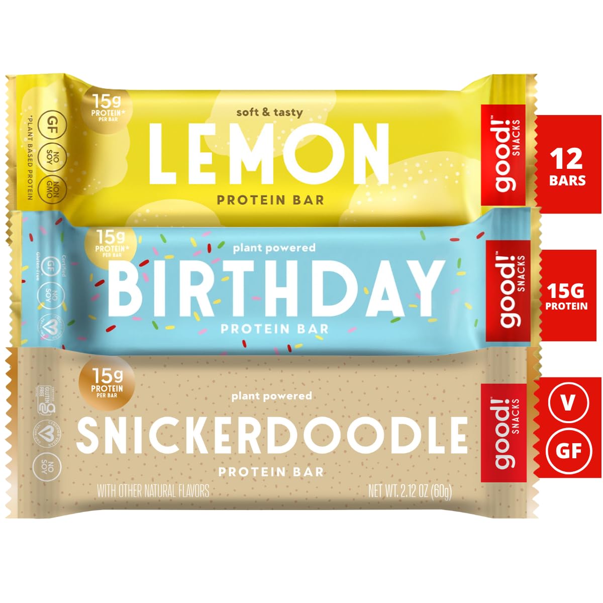 Good! Snacks Vegan 3 Flavor Variety Pack Protein Bars | Gluten Free, Plant Based, Low Sugar, Kosher, Soy Free, Non Gmo | 15G Pro