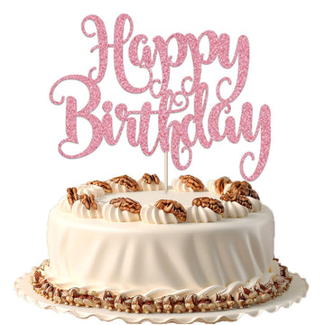 Fmiyuneea Happy Birthday Cake Topper- Glitter Happy Birthday Cake Decor, Handmade Anniversary/Birthday Party Supplies (Pink)
