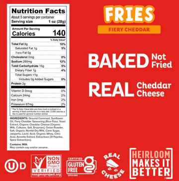 Heirloom Baked Fiery Cheddar Fries By Pipcorn - 5Oz 6Pk - Healthy Snacks, Gluten Free Snacks, Non-Gmo, Upcycled Heirloom Corn Fl