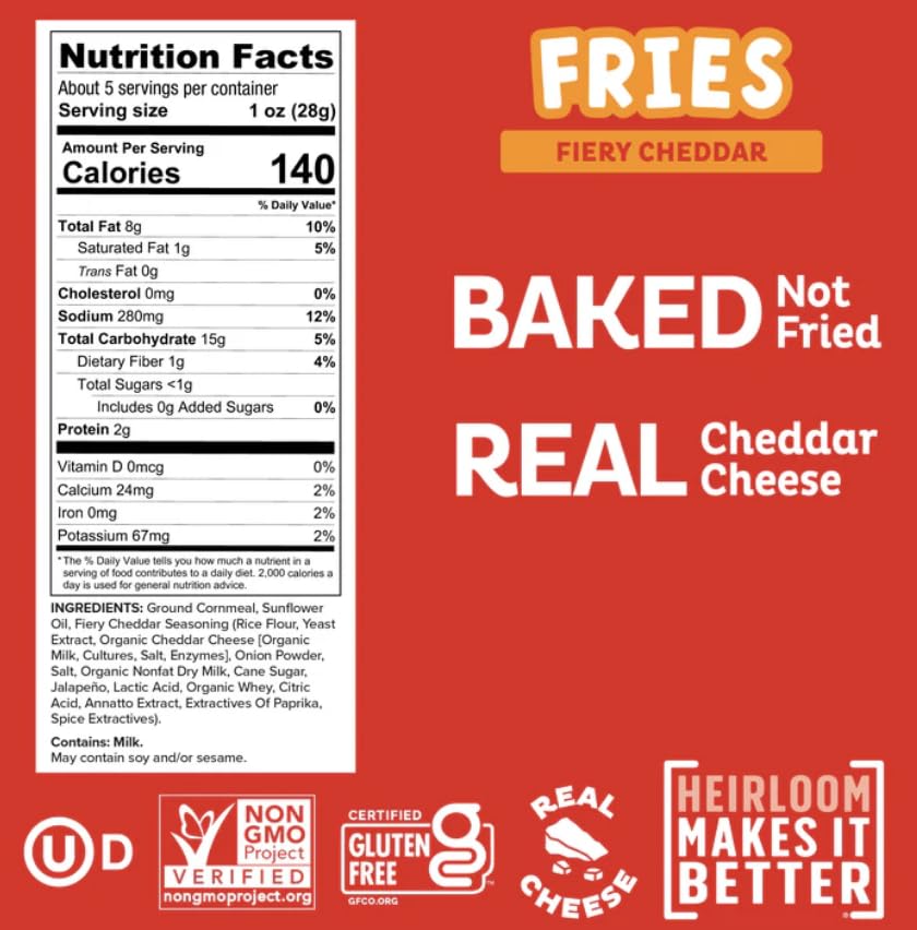 Heirloom Baked Fiery Cheddar Fries By Pipcorn - 1Oz 24Pk - Healthy Snacks, Gluten Free Snacks, Non-Gmo, Upcycled Heirloom Corn F