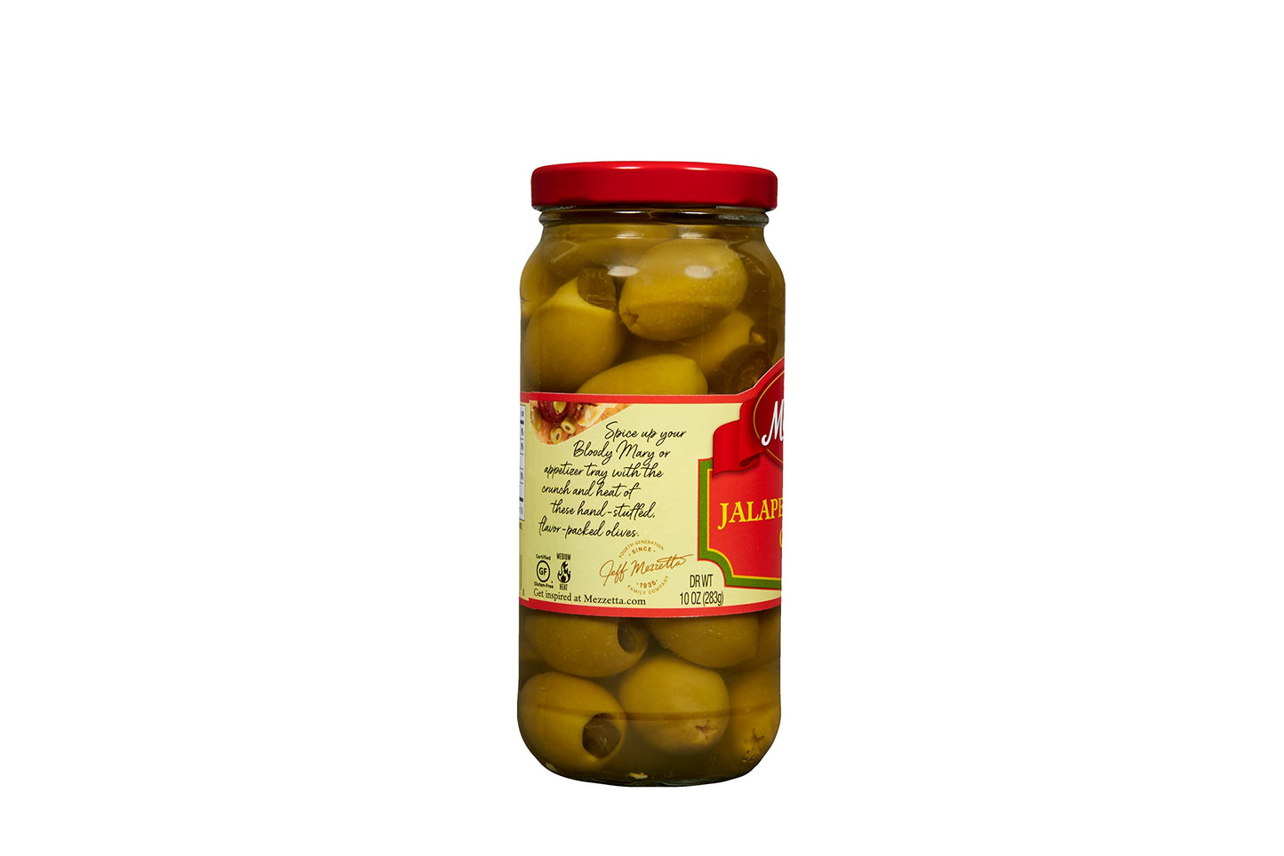 Mezzetta Jalapeno Stuffed Olives, Medium Heat, Gluten Free, Keto, 10 Ounce Jar, Pack of 6