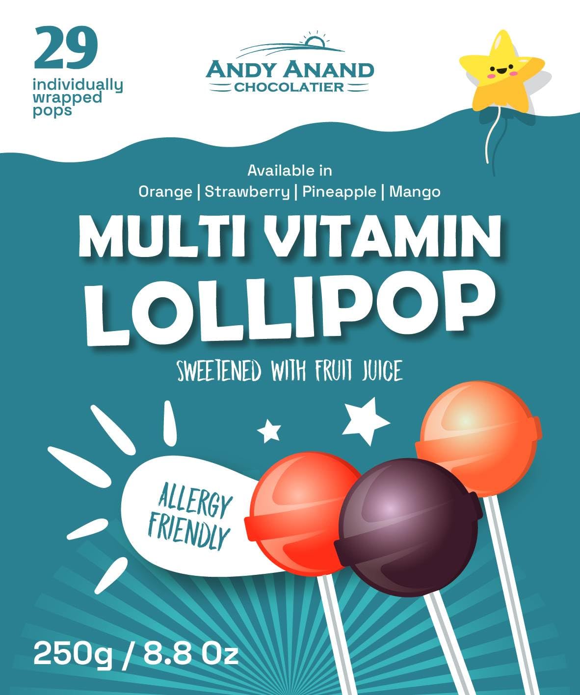 Andy Anand Low-Calorie Lollipops With Multi Vitamins Fruit Flavored, Kids Love Them! 8.8 Oz, Kids Multivitamin Pops, Sweetened W