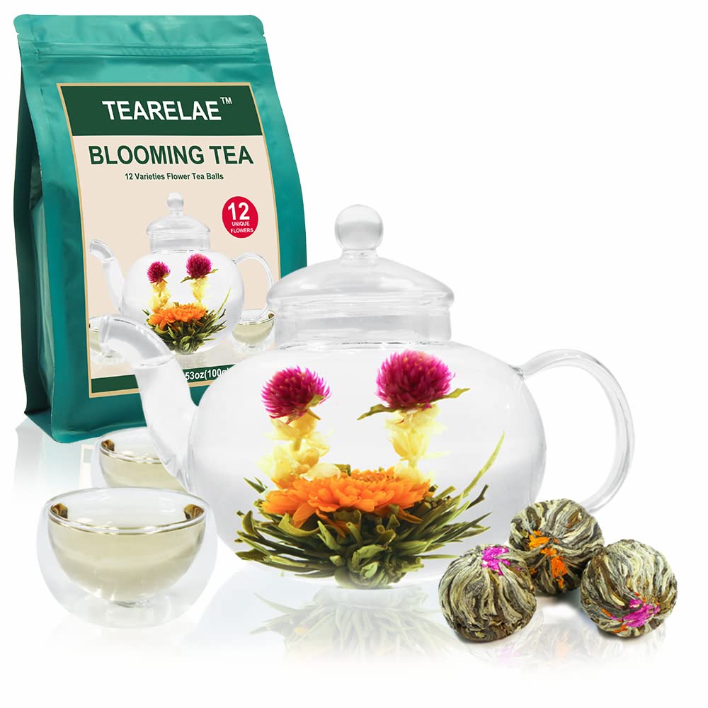 TEARELAE Blooming Tea Flowers - 12 Individually Sealed Flowering Tea Balls - Natural Green Tea & Edible Flowers - Perfect Gift for Tea Lovers