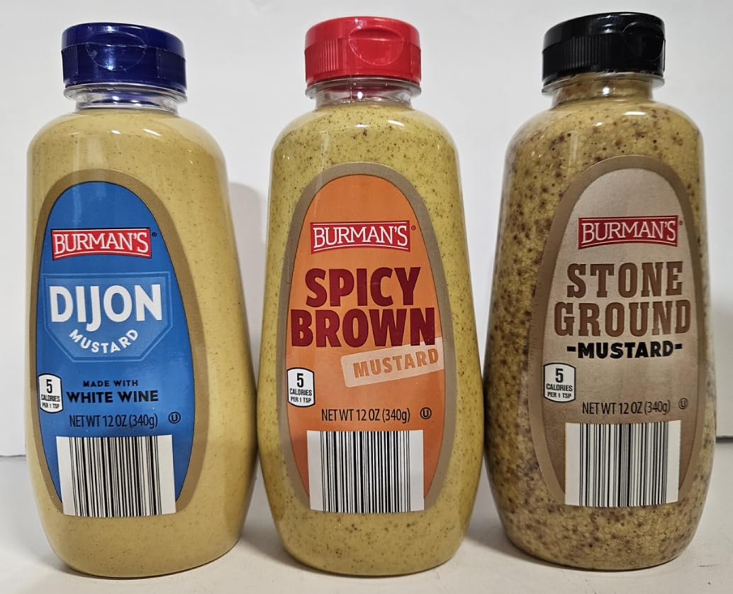 Burmans Dijon & Spicy Brown & Stone Ground Mustard 12oz 340g (Three Bottles)