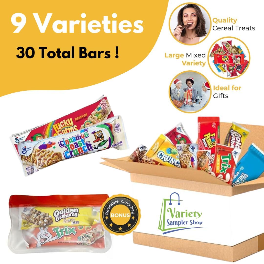 Cereal Bars Variety Pack Breakfast Food Snack Box 30 Individually Wrapped Granola Bars Lucky Charms, Cinnamon Toast Crunch, Gold