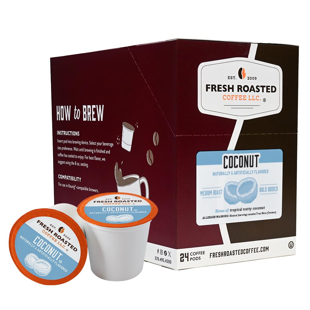 Fresh Roasted Coffee, Coconut, Flavored Coffee Pods, 24 Count
