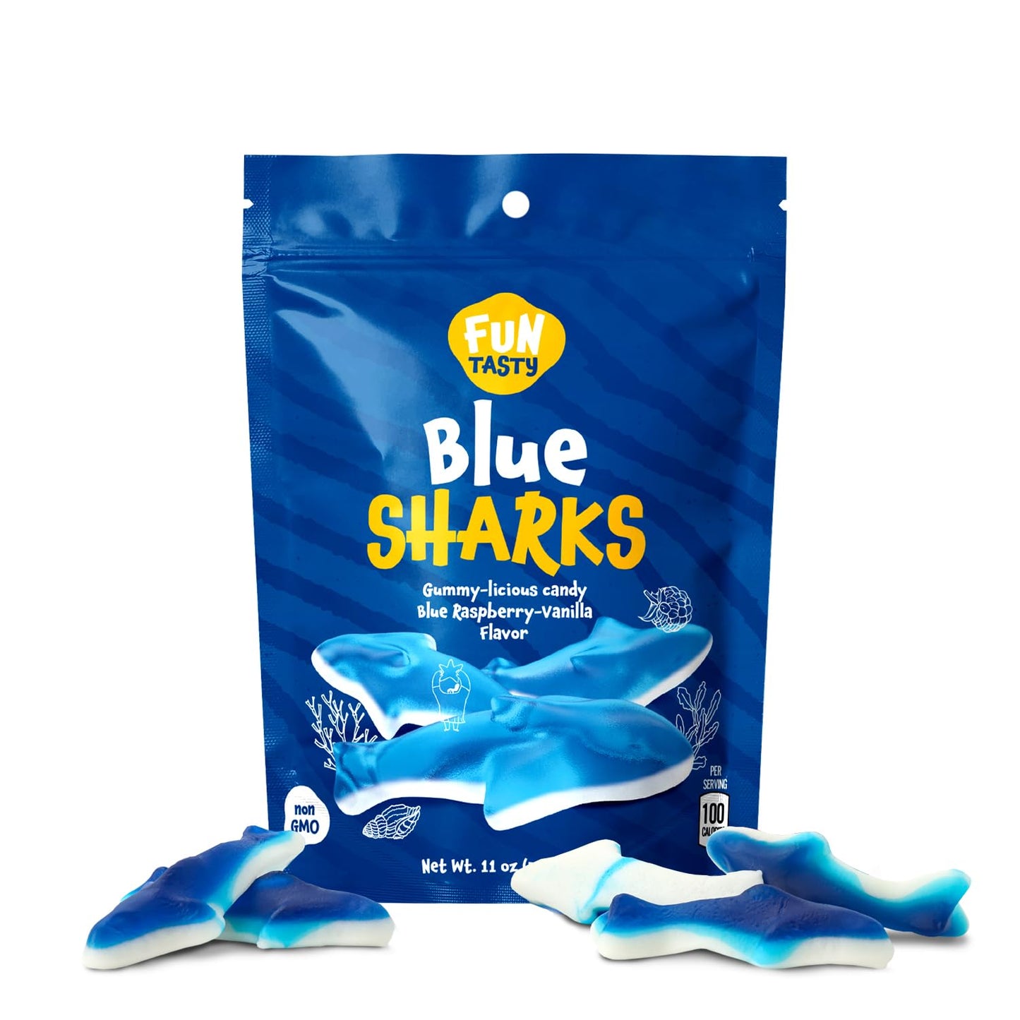Funtasty Blue Sharks Gummy Candy - 11 Ounce Bag - Blue Raspberry Marshmallow Flavor