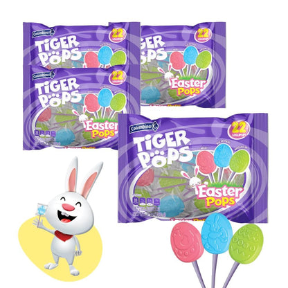 Tiger Pops Assorted Easter Candy, 4-Pack - Individually Wrapped Bulk Lollipops for Kids - Easter Basket and Egg Fillers - 3 Flav