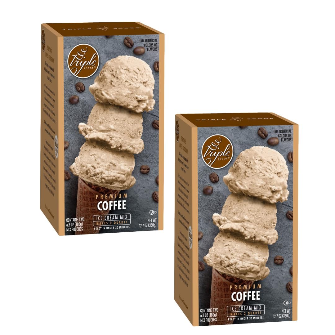 Triple Scoop Premium Coffee Ice Cream Starter Mix, 2 Boxes (12.7 oz each), Easy to Make, Real Colombian Coffee, Made in USA