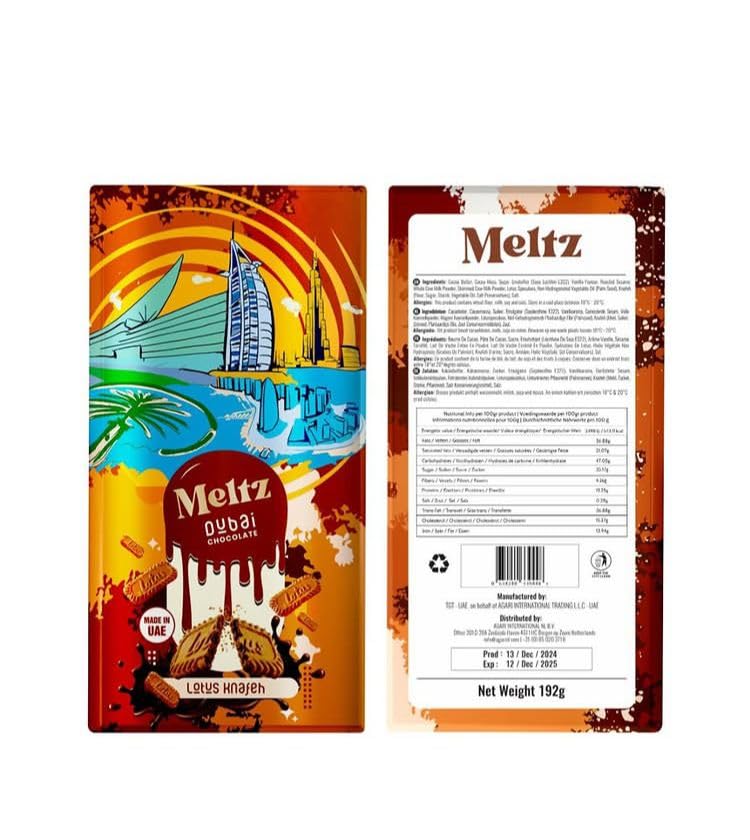 Meltz Chocolate Lotus Bar, Premium Lotus Cream, Crispy Kataifi, 192g, Individually Wrapped, Luxury Dubai Treat Box