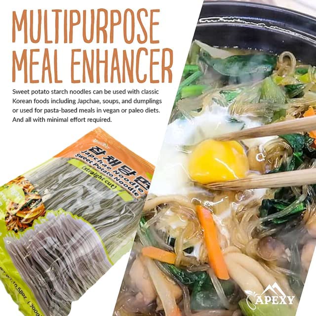 APEXY Sweet Potato Glass Noodles Straight Cut, Japchae Noodles, Korean Vermicelli Pasta, Fat-free and Gluten-free, 100% Sweet Po