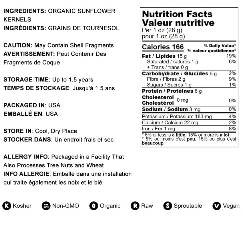 Food To Live - Organic Sunflower Seeds, 8 Pounds Hulled, Raw, Non-Gmo, Dried Kernels, Unsalted, Kosher, Vegan, Keto, Paleo, Sirtfood, Bulk, Good Source Of Protein