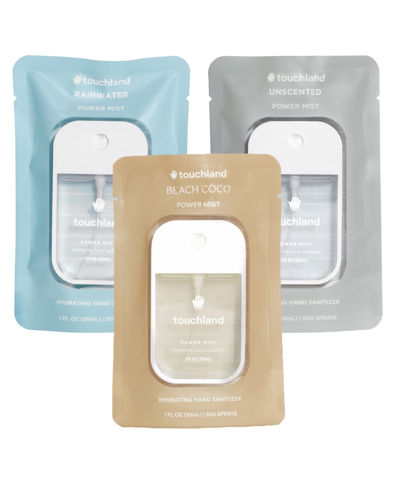 Touchland Power Mist Hydrating Hand Sanitizer Spray, Dye Free 3-Pack (Rainwater, Unscented, Beach Coco), 500-Sprays Each, 1Fl Oz