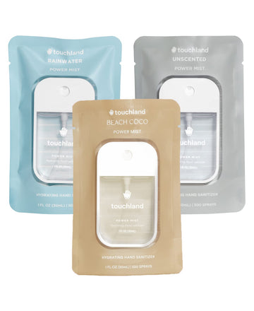 Touchland Power Mist Hydrating Hand Sanitizer Spray, Dye Free 3-Pack (Rainwater, Unscented, Beach Coco), 500-Sprays Each, 1Fl Oz