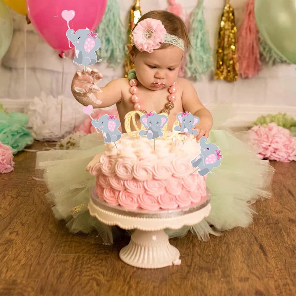 48Pcs Pink Elephant Cupcake Toppers, Double Sided It Is A Girl Elephant Cupcake Picks, Elephant Cake Cupcake Decorations For Ele
