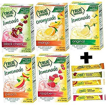 True Lemon Assorted Beverage Pack: (5Boxes 10Ct Each) With 5 Free Bonus Sticks Of Lemonade! True Lemon Original Lemonade, True Peach Lemonade, True Black Cherry Limeade, True Mango Orange And True Raspberry Lemonade. Assorted True Lemonade Drink Mixes.