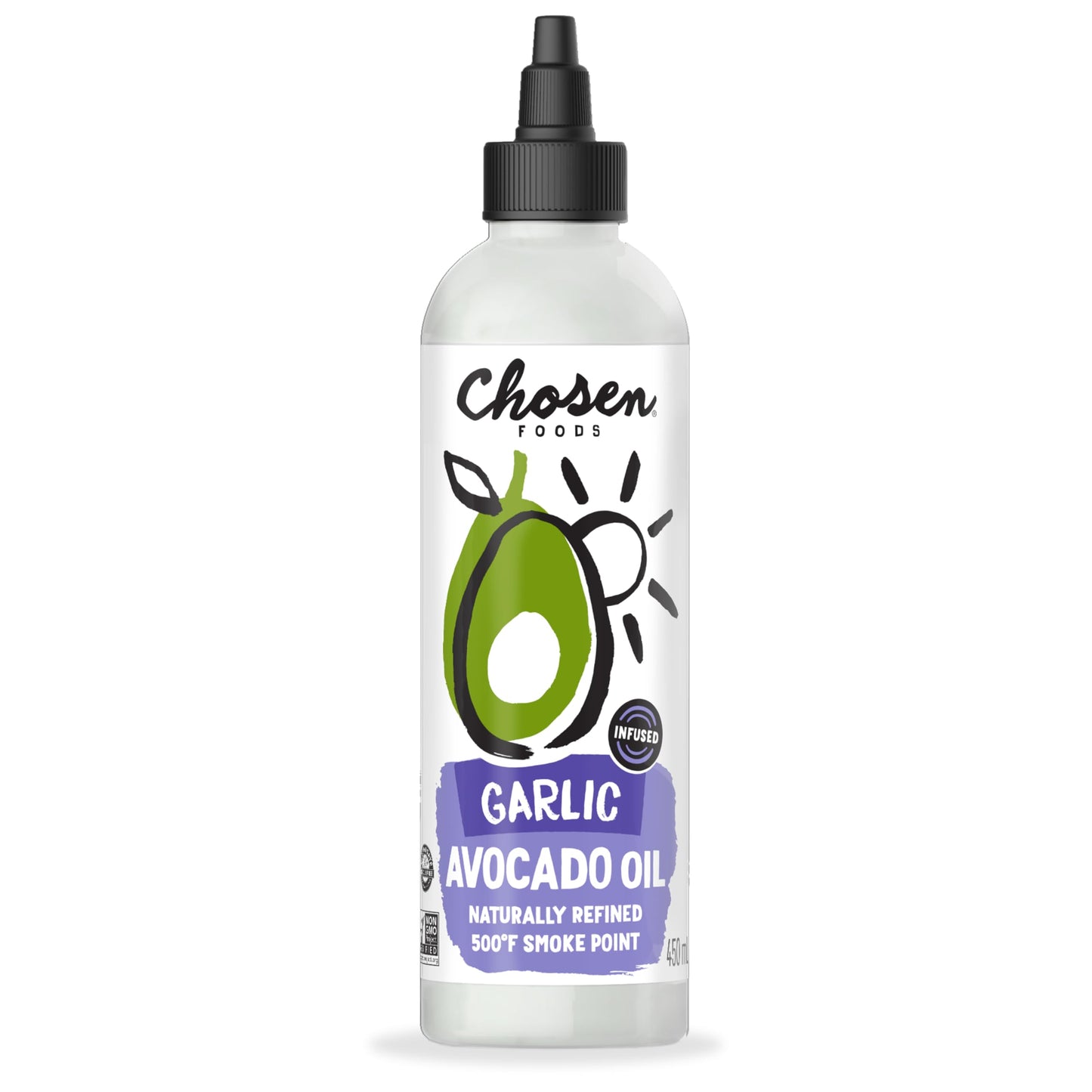 Chosen Foods Garlic Avocado Oil Squeeze Bottle - 16.2 Fl Oz - For Drizzling, Saut  ing, Roasting & Searing - High Smoke Point Co